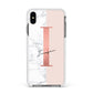 Monogrammed Rose Gold Marble Apple iPhone Xs Max Impact Case White Edge on Black Phone