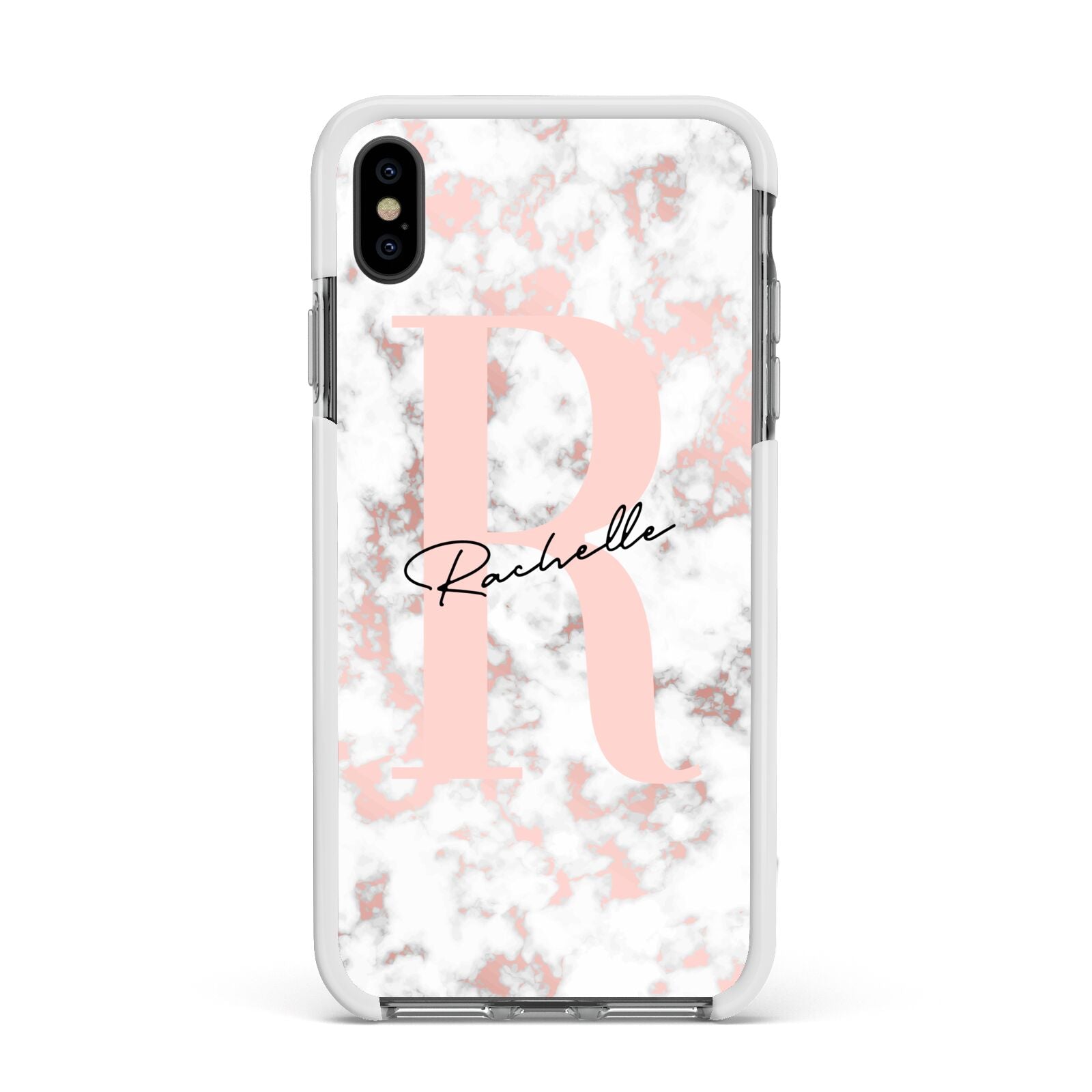 Monogrammed Rose Gold Marble Apple iPhone Xs Max Impact Case White Edge on Black Phone