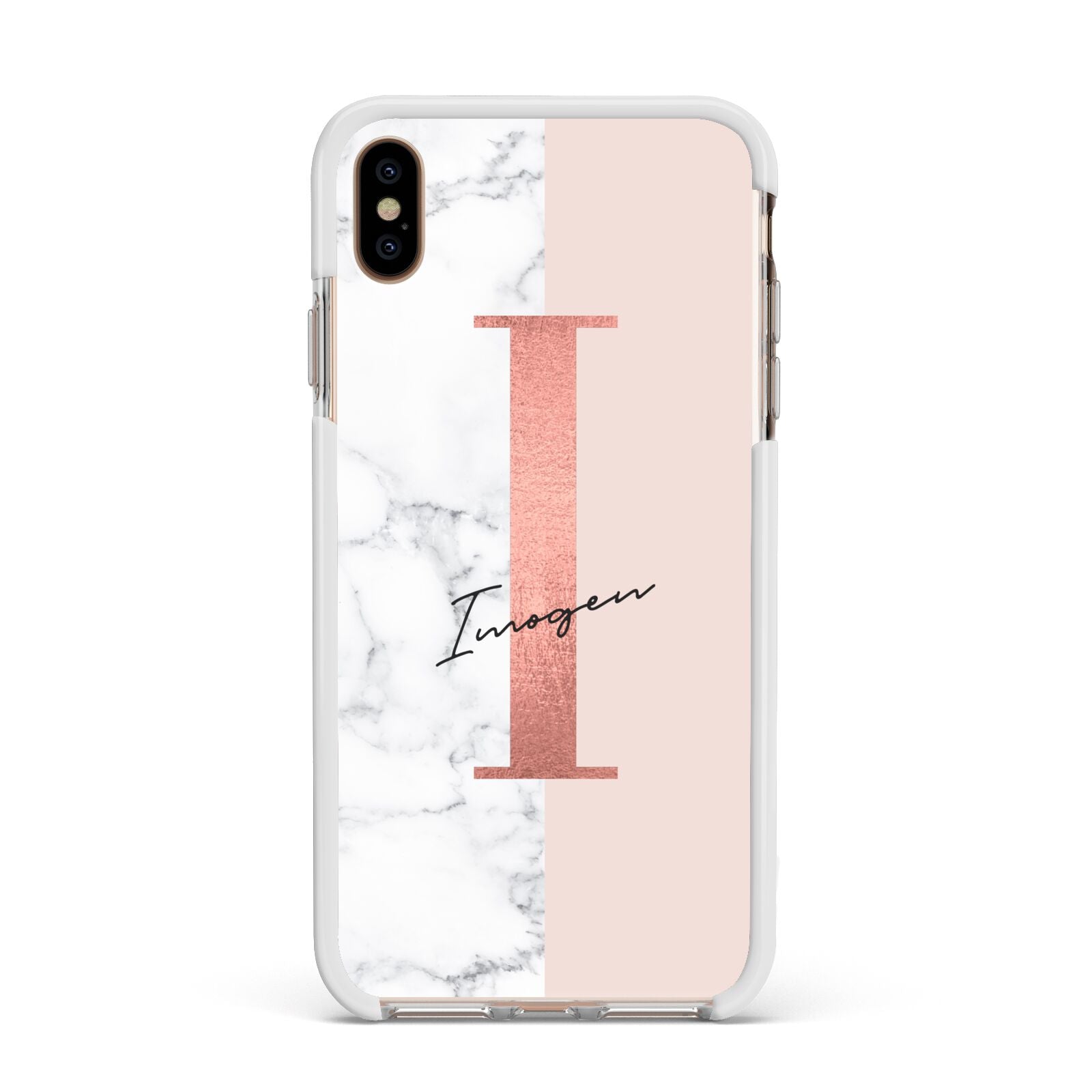 Monogrammed Rose Gold Marble Apple iPhone Xs Max Impact Case White Edge on Gold Phone