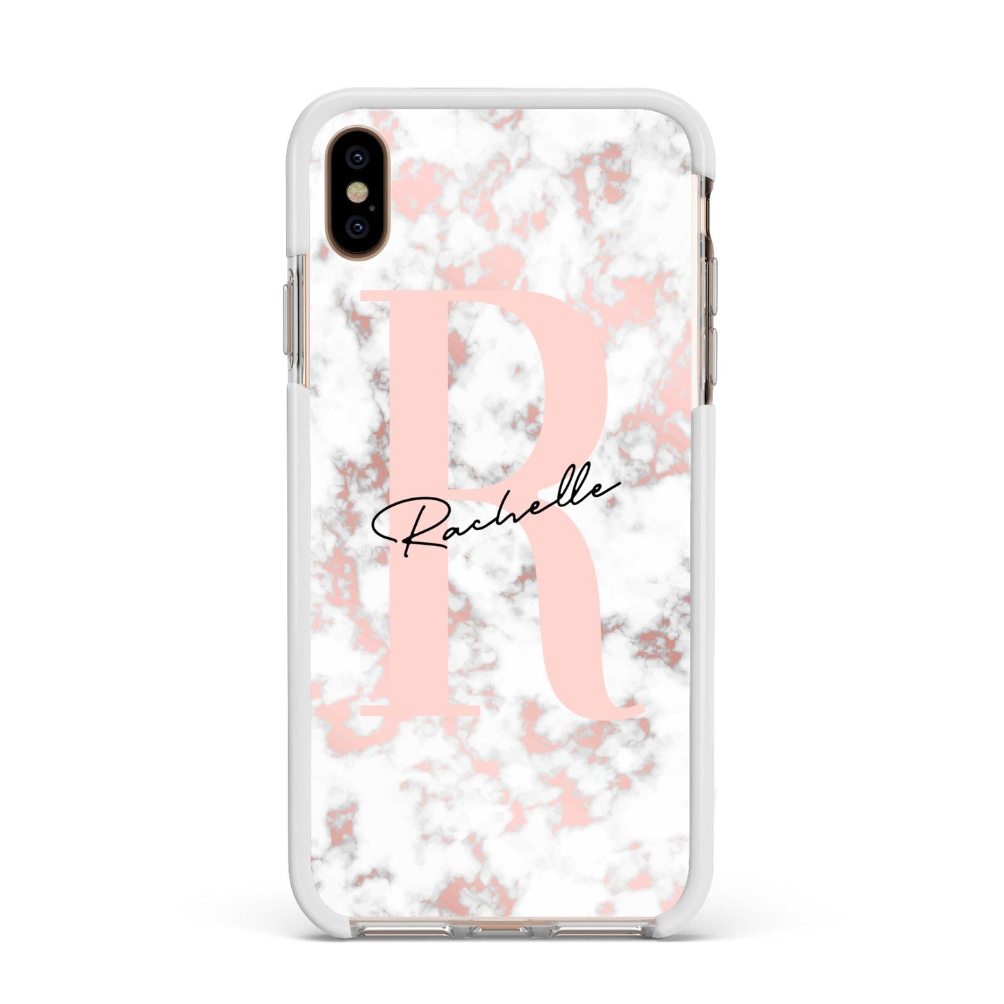 Monogrammed Rose Gold Marble Apple iPhone Xs Max Impact Case White Edge on Gold Phone