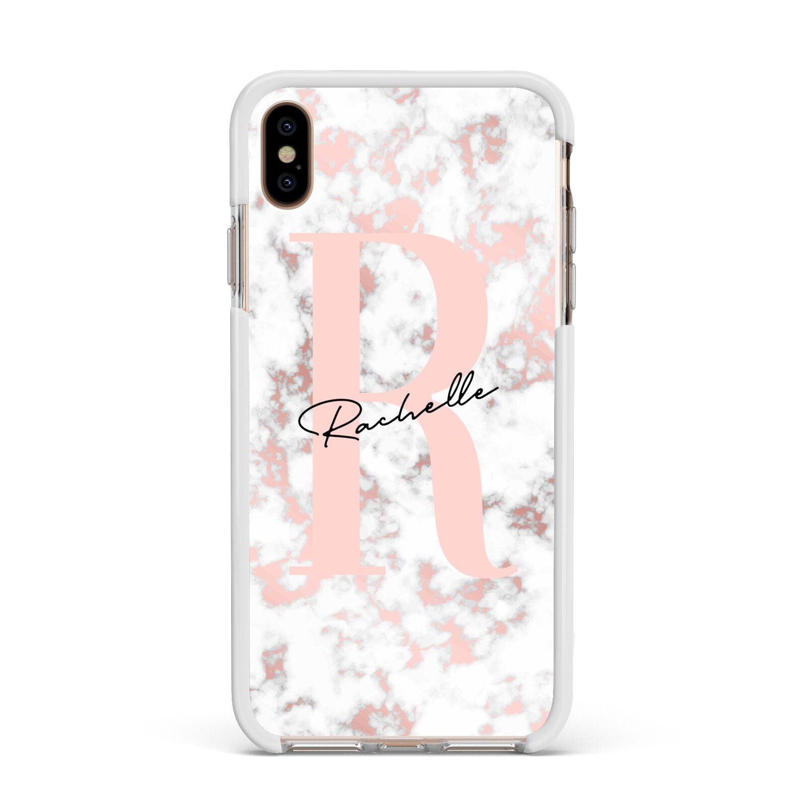 Monogrammed Rose Gold Marble Apple iPhone Xs Max Impact Case White Edge on Gold Phone