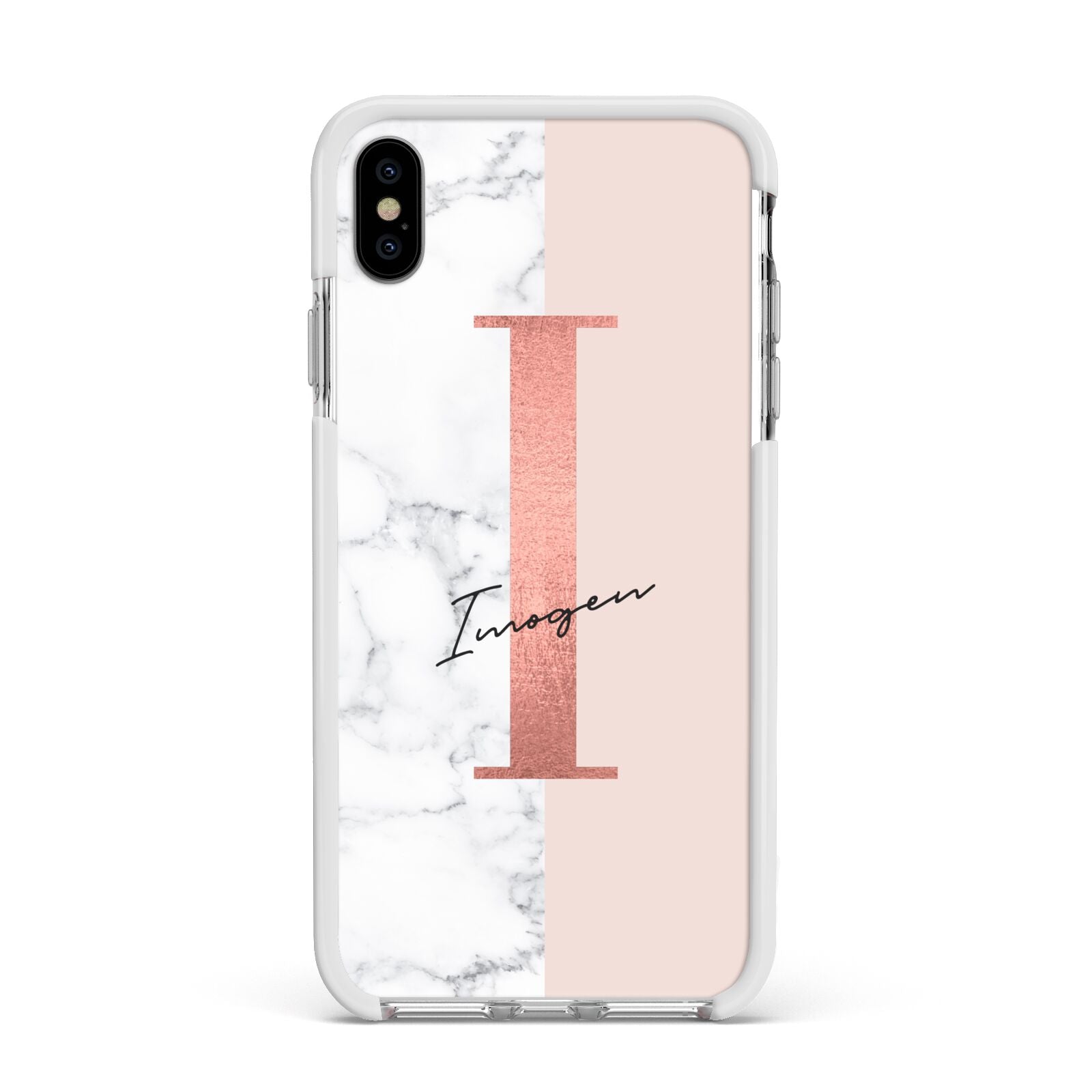 Monogrammed Rose Gold Marble Apple iPhone Xs Max Impact Case White Edge on Silver Phone