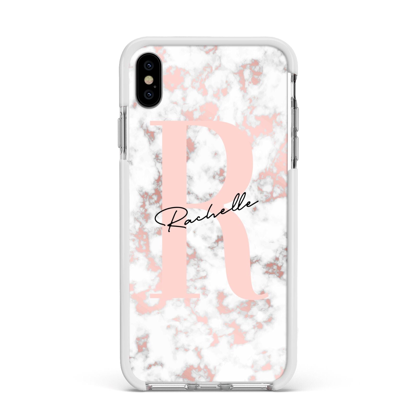 Monogrammed Rose Gold Marble Apple iPhone Xs Max Impact Case White Edge on Silver Phone