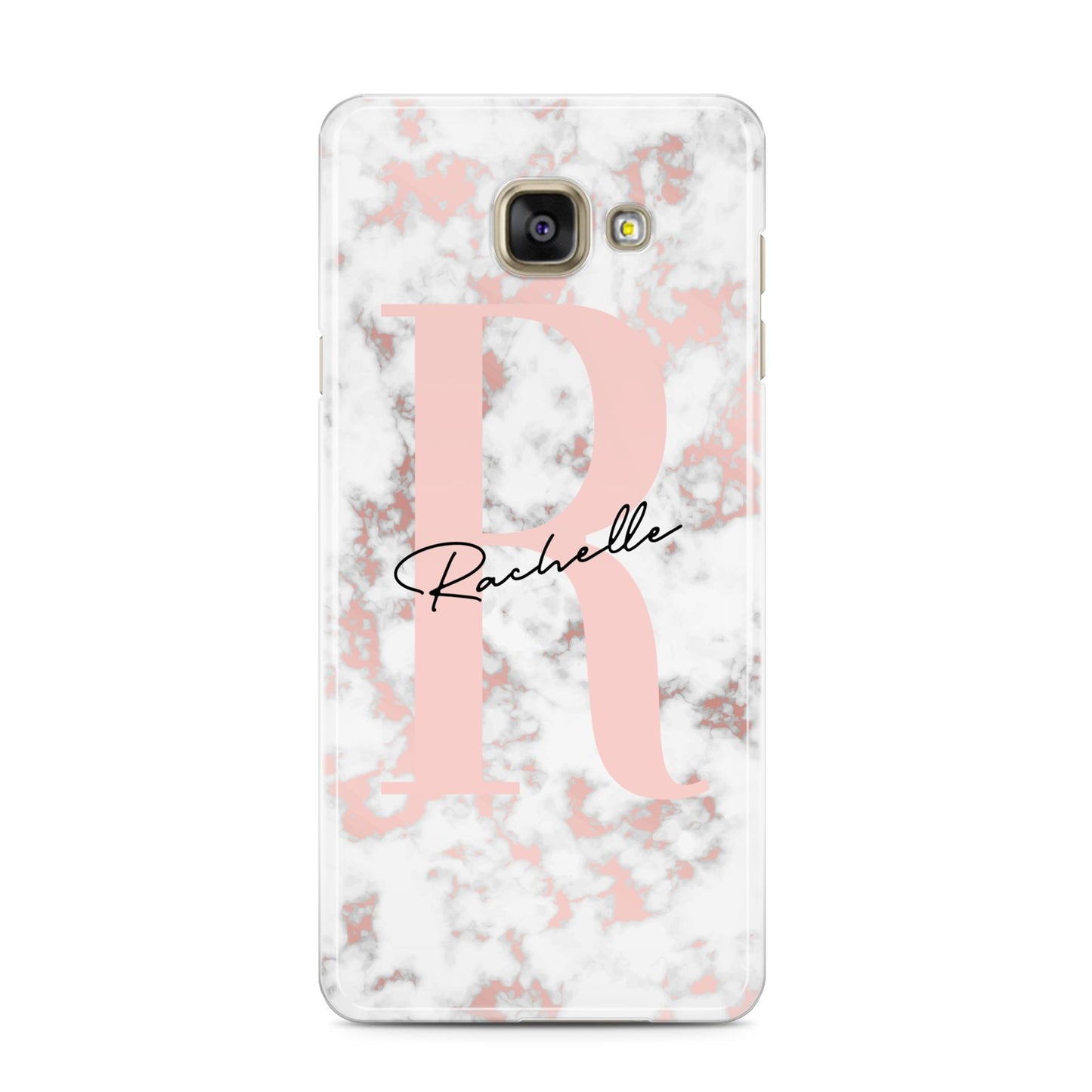 Monogrammed Rose Gold Marble Samsung Galaxy A3 2016 Case on gold phone