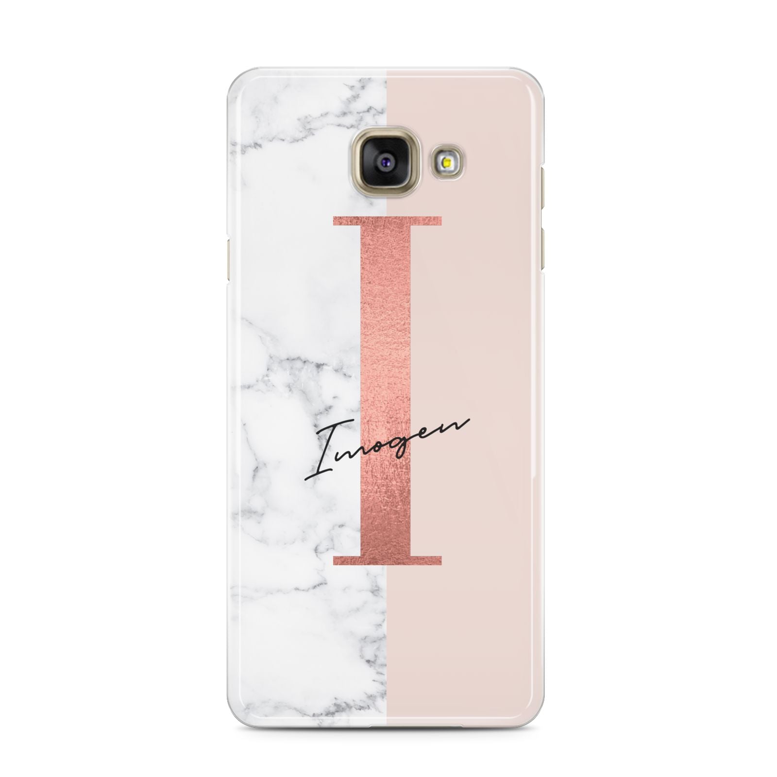 Monogrammed Rose Gold Marble Samsung Galaxy A3 2016 Case on gold phone