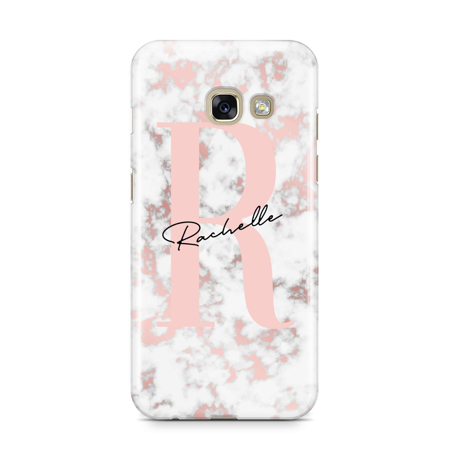 Monogrammed Rose Gold Marble Samsung Galaxy A3 2017 Case on gold phone