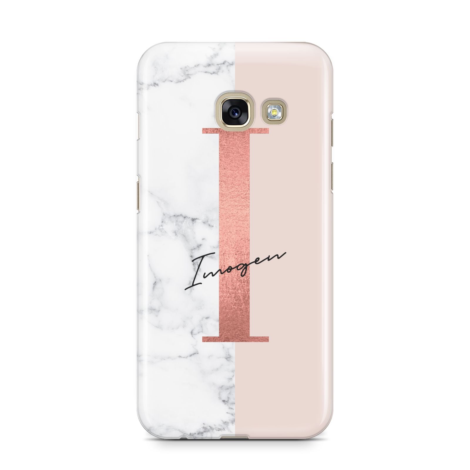 Monogrammed Rose Gold Marble Samsung Galaxy A3 2017 Case on gold phone