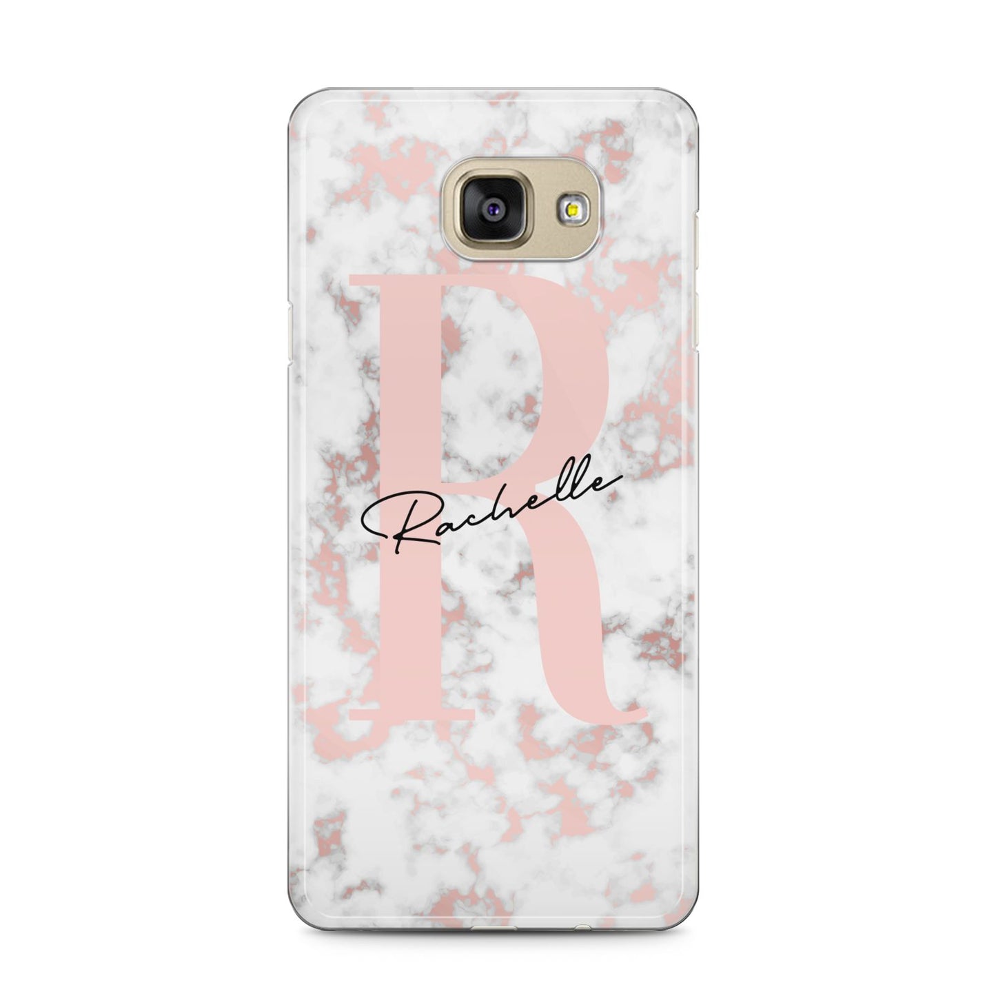 Monogrammed Rose Gold Marble Samsung Galaxy A5 2016 Case on gold phone