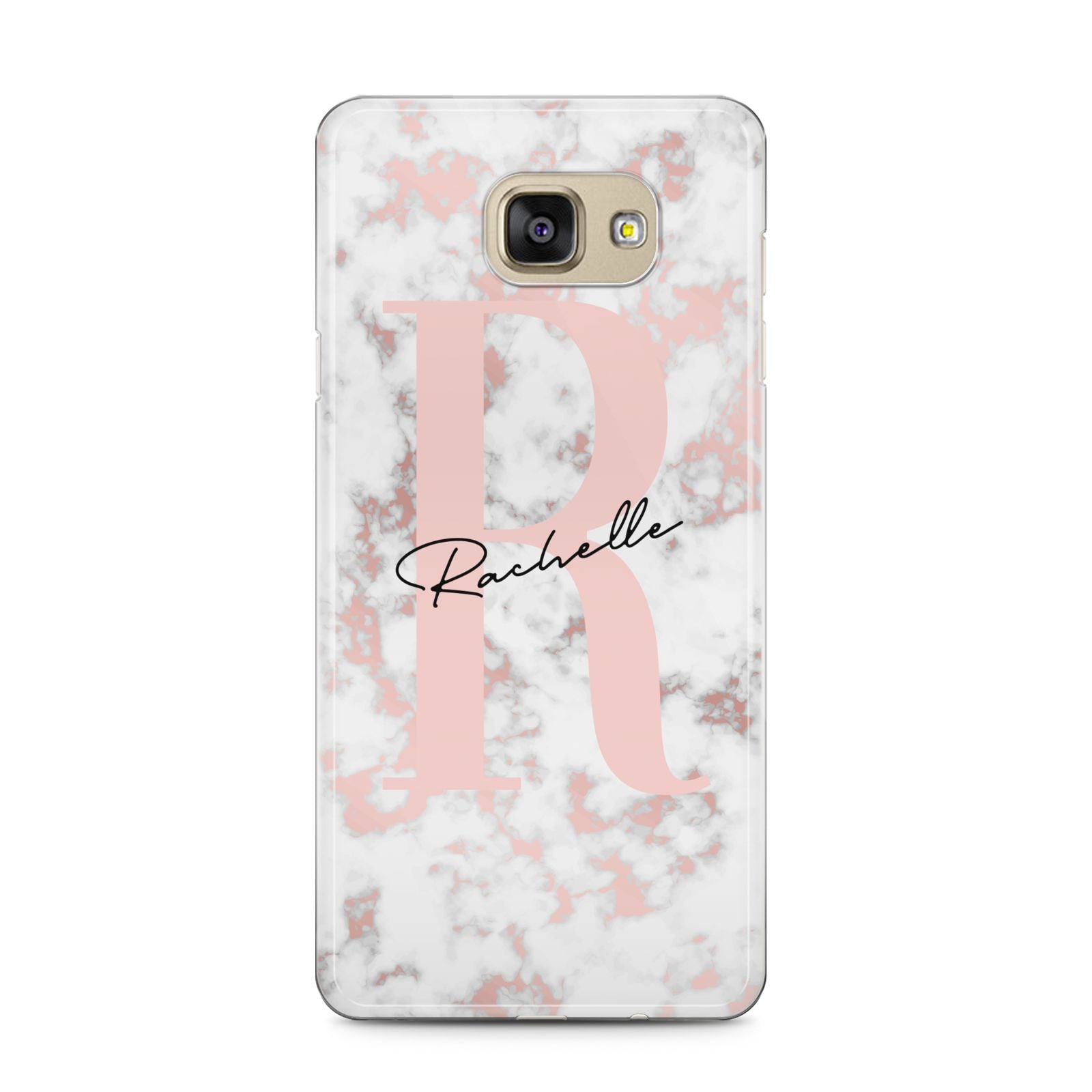 Monogrammed Rose Gold Marble Samsung Galaxy A5 2016 Case on gold phone