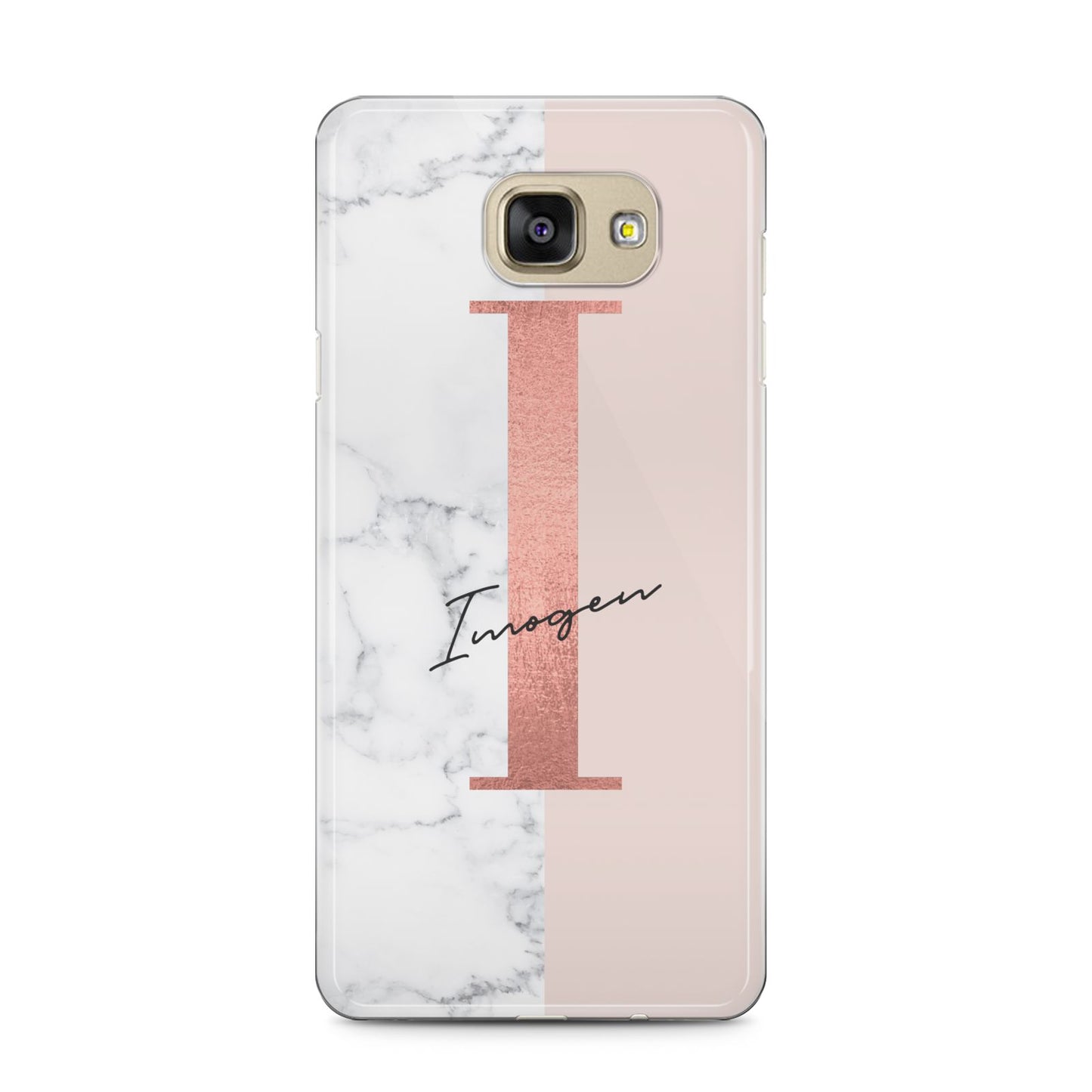 Monogrammed Rose Gold Marble Samsung Galaxy A5 2016 Case on gold phone