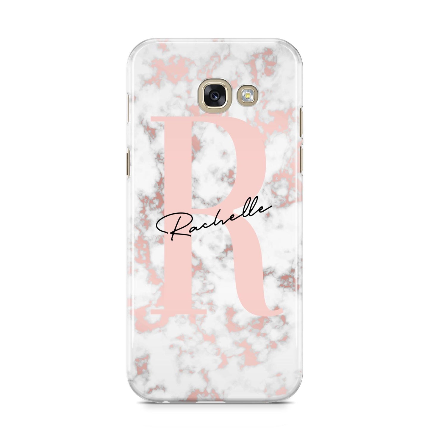 Monogrammed Rose Gold Marble Samsung Galaxy A5 2017 Case on gold phone