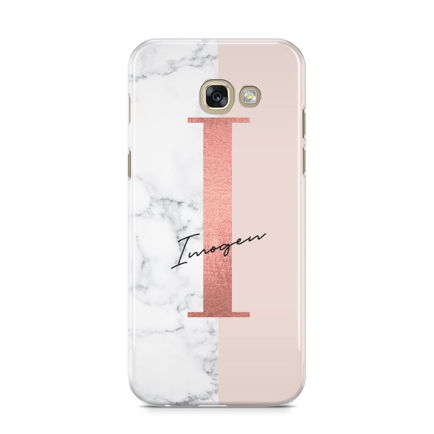 Monogrammed Rose Gold Marble Samsung Galaxy A5 2017 Case on gold phone