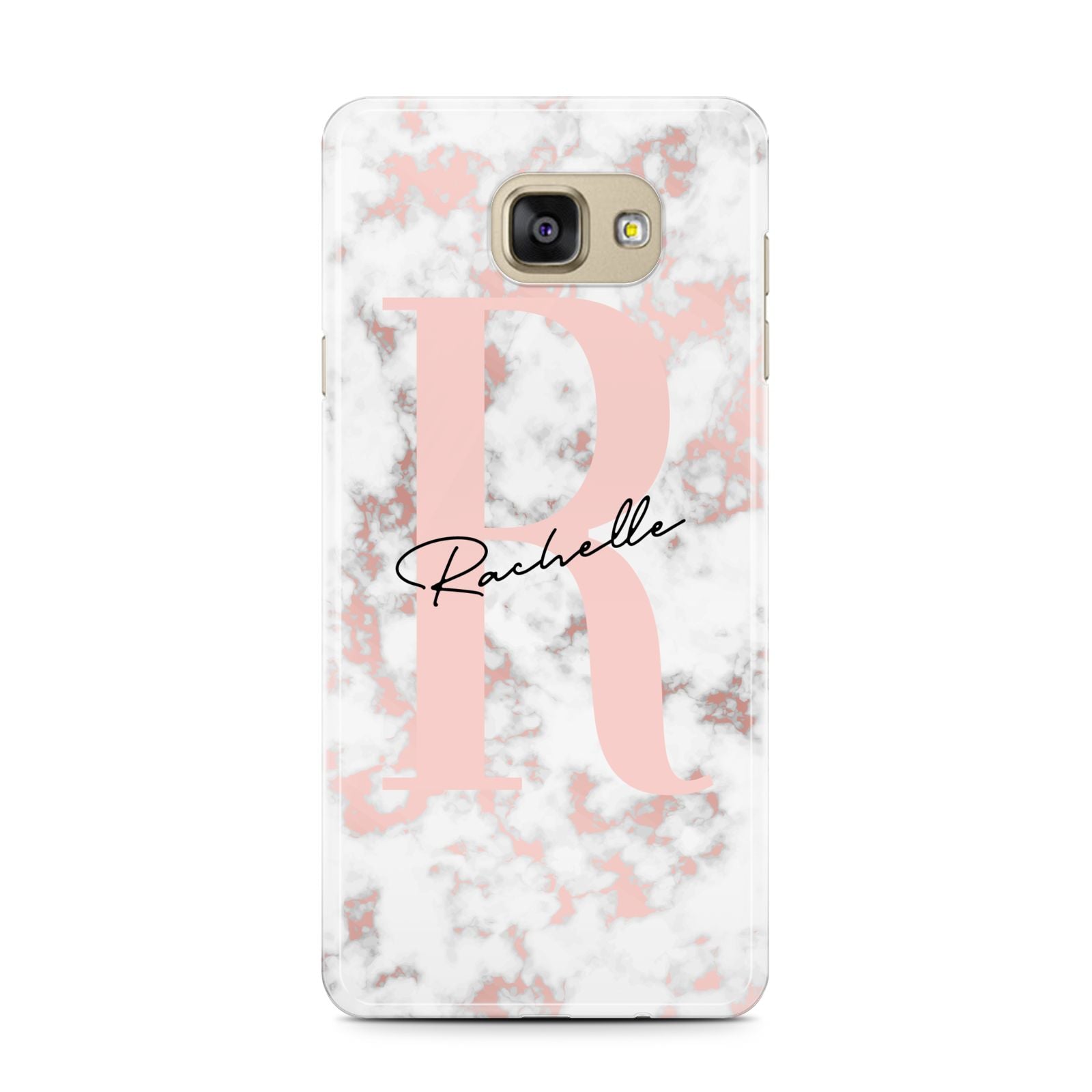 Monogrammed Rose Gold Marble Samsung Galaxy A7 2016 Case on gold phone