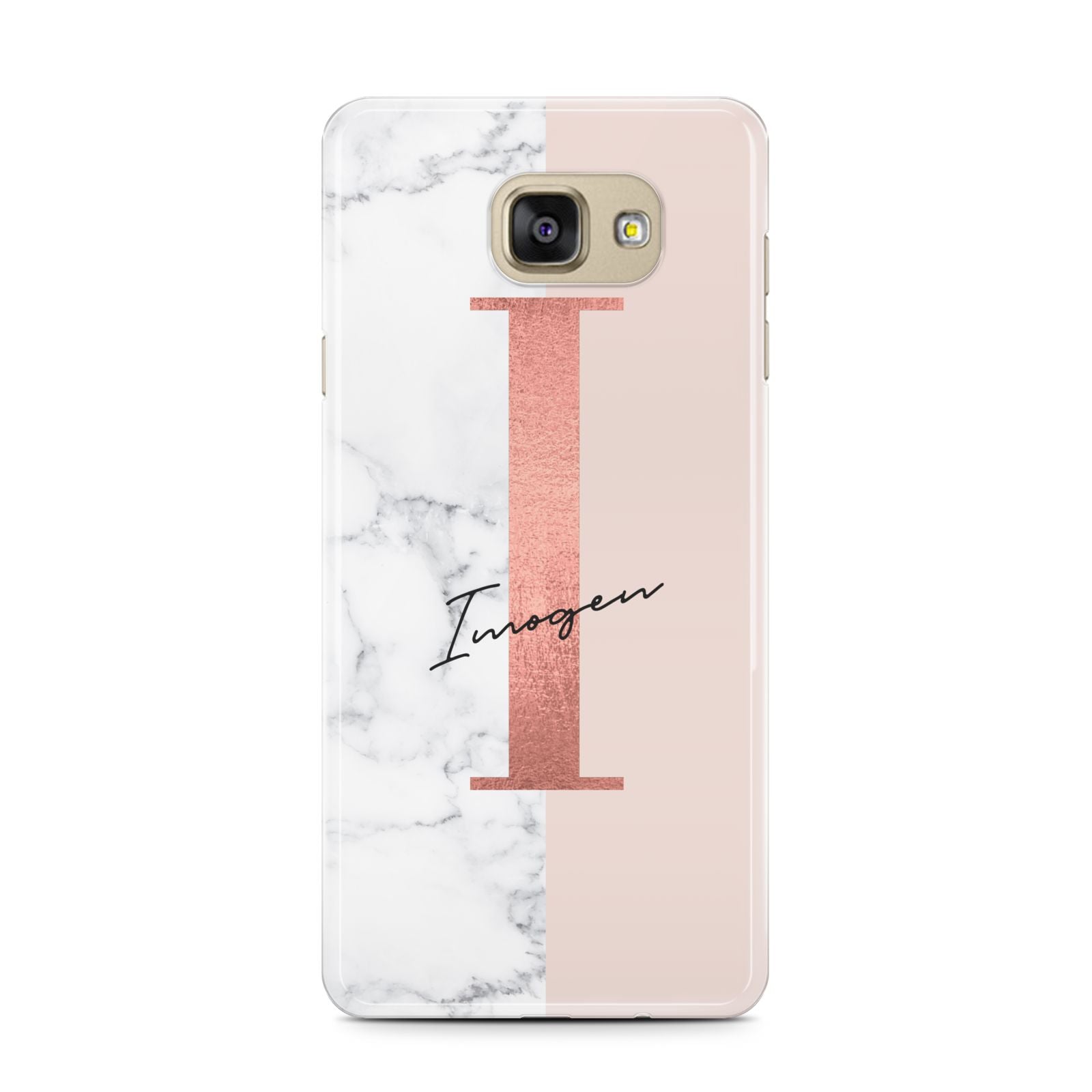 Monogrammed Rose Gold Marble Samsung Galaxy A7 2016 Case on gold phone