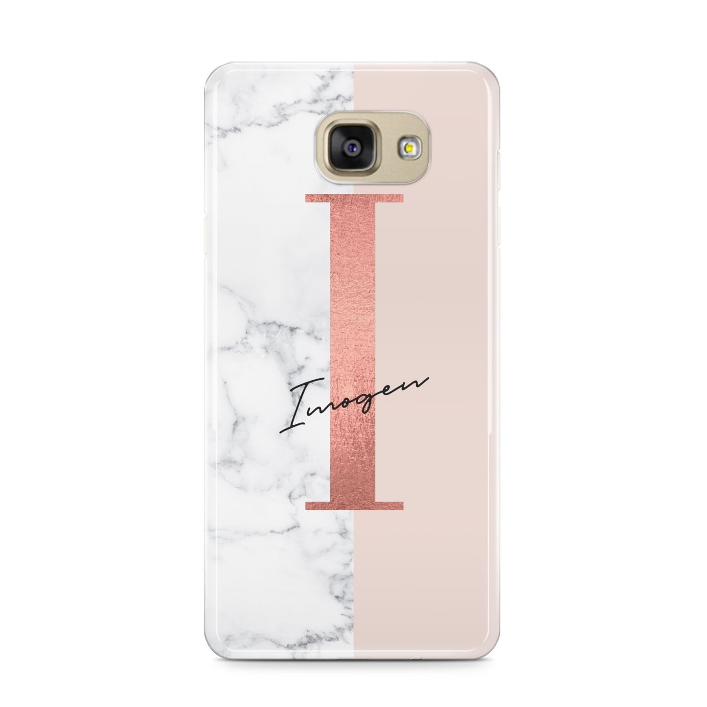 Monogrammed Rose Gold Marble Samsung Galaxy A9 2016 Case on gold phone