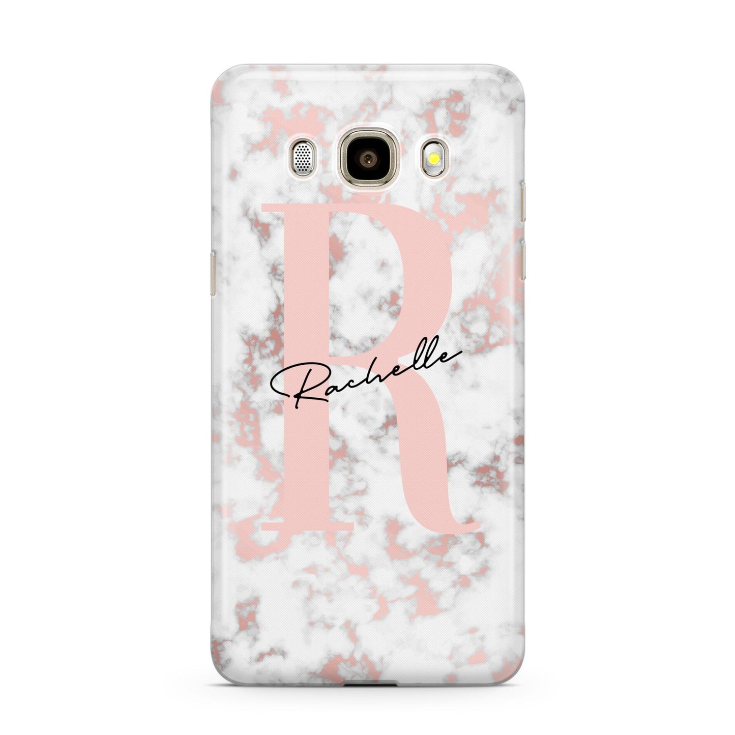 Monogrammed Rose Gold Marble Samsung Galaxy J7 2016 Case on gold phone