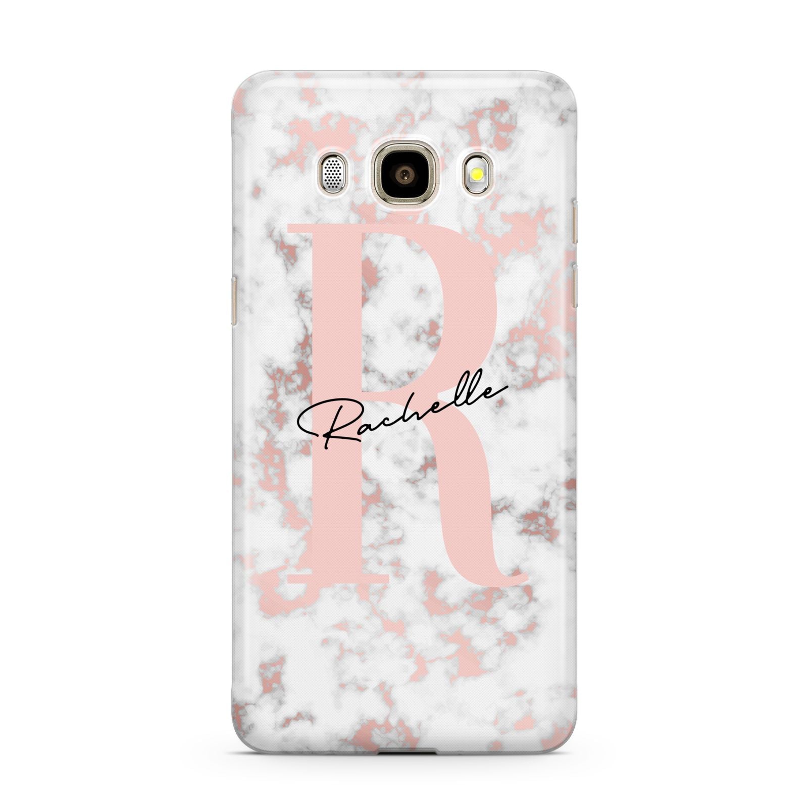 Monogrammed Rose Gold Marble Samsung Galaxy J7 2016 Case on gold phone