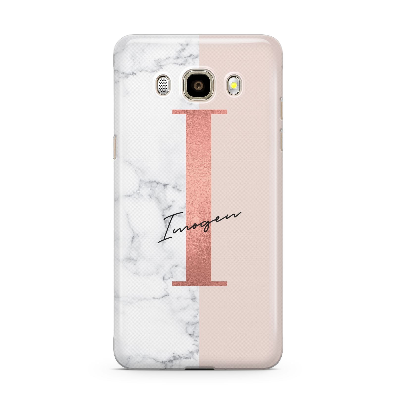 Monogrammed Rose Gold Marble Samsung Galaxy J7 2016 Case on gold phone