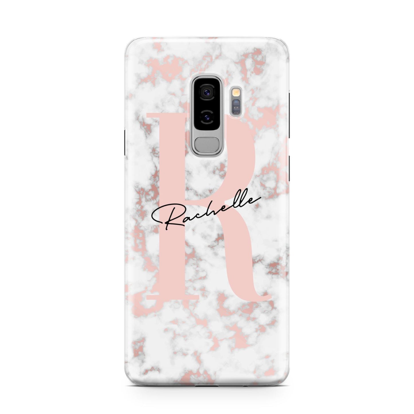 Monogrammed Rose Gold Marble Samsung Galaxy S9 Plus Case on Silver phone