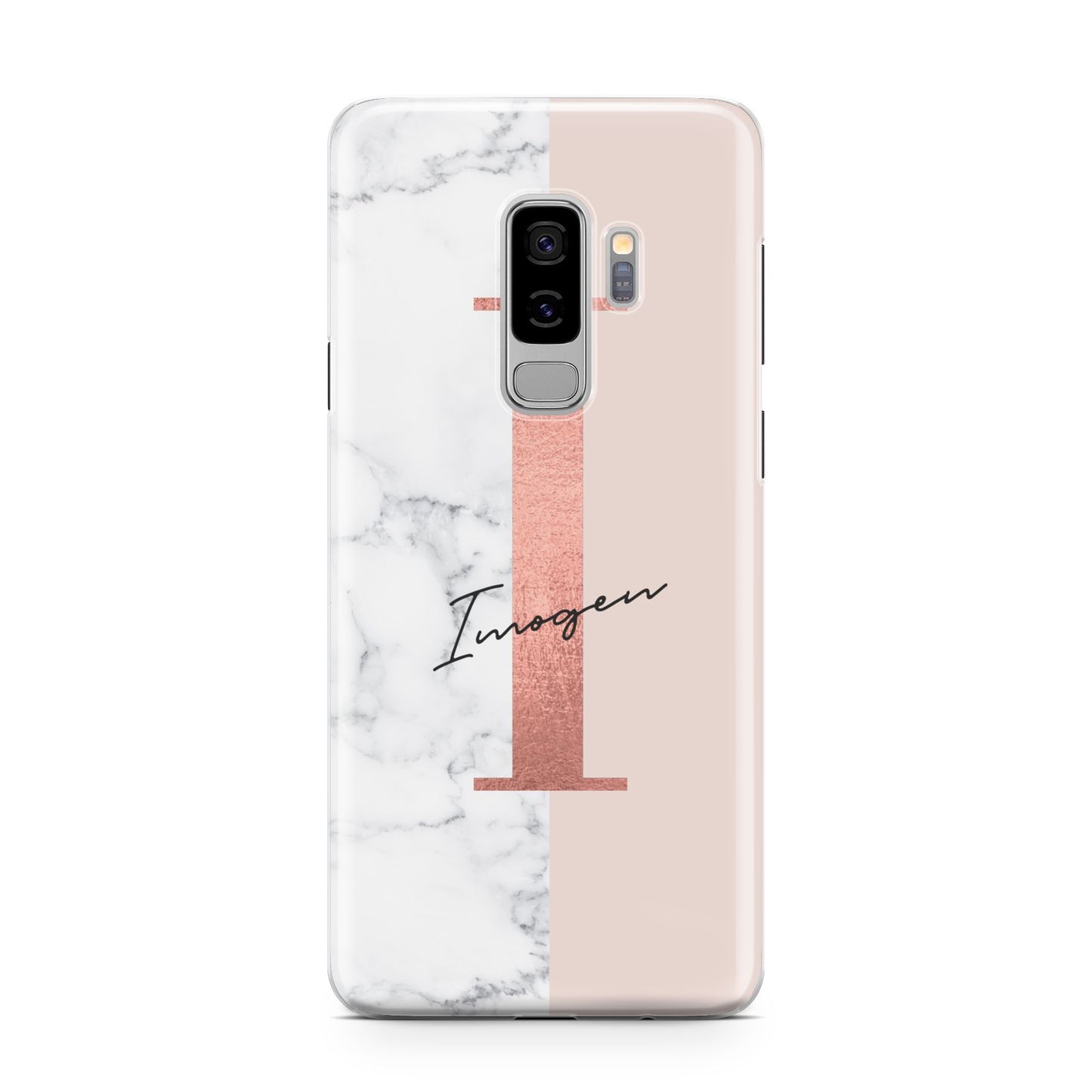 Monogrammed Rose Gold Marble Samsung Galaxy S9 Plus Case on Silver phone