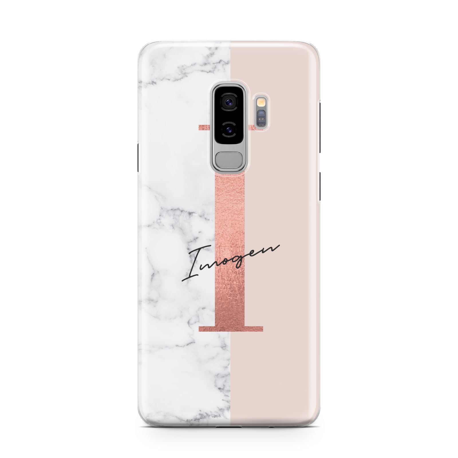 Monogrammed Rose Gold Marble Samsung Galaxy S9 Plus Case on Silver phone
