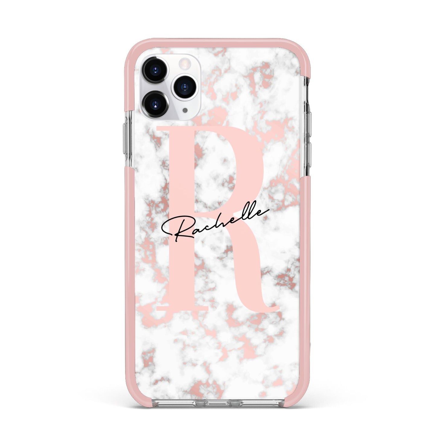 Monogrammed Rose Gold Marble iPhone 11 Pro Max Impact Pink Edge Case