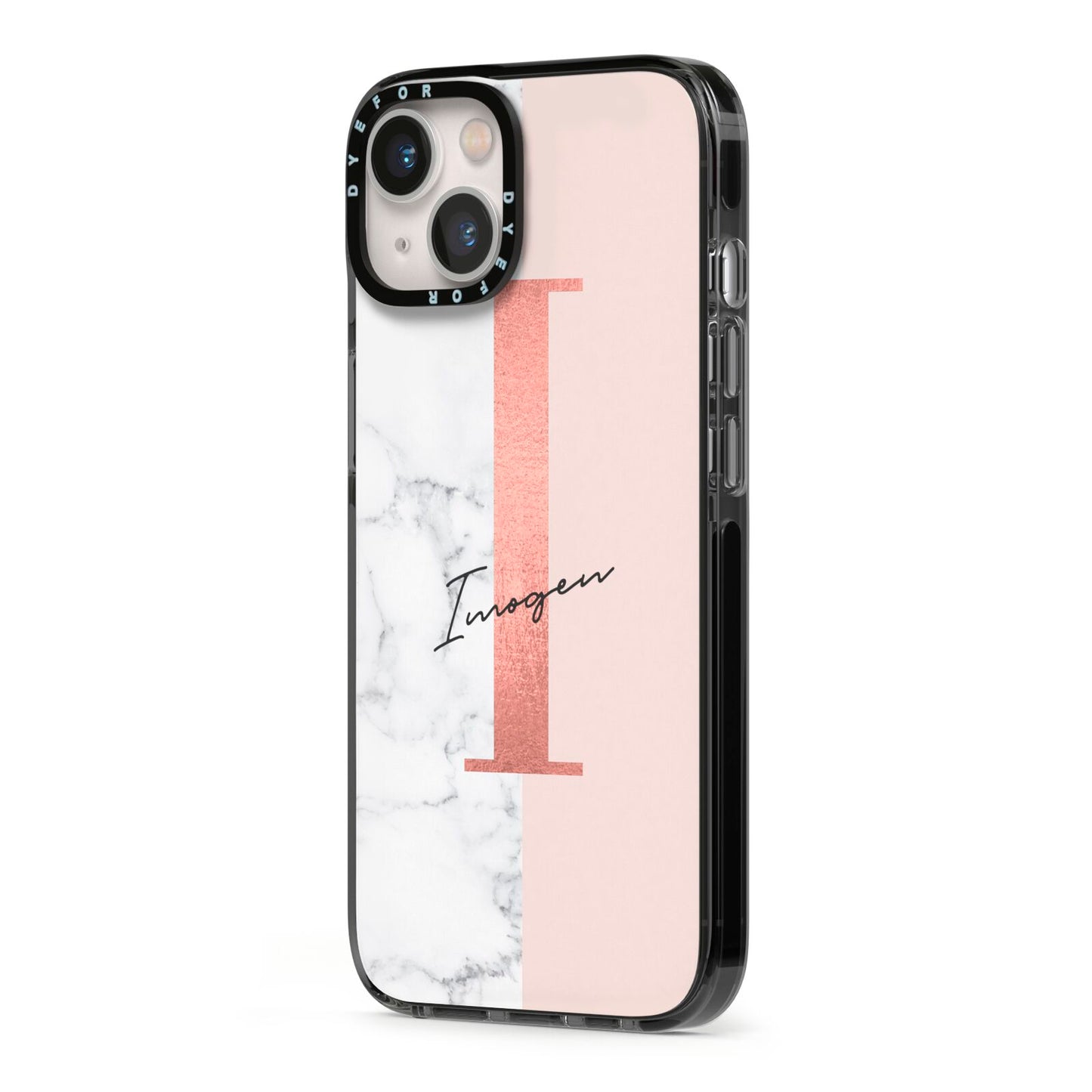 Monogrammed Rose Gold Marble iPhone 13 Black Impact Case Side Angle on Silver phone