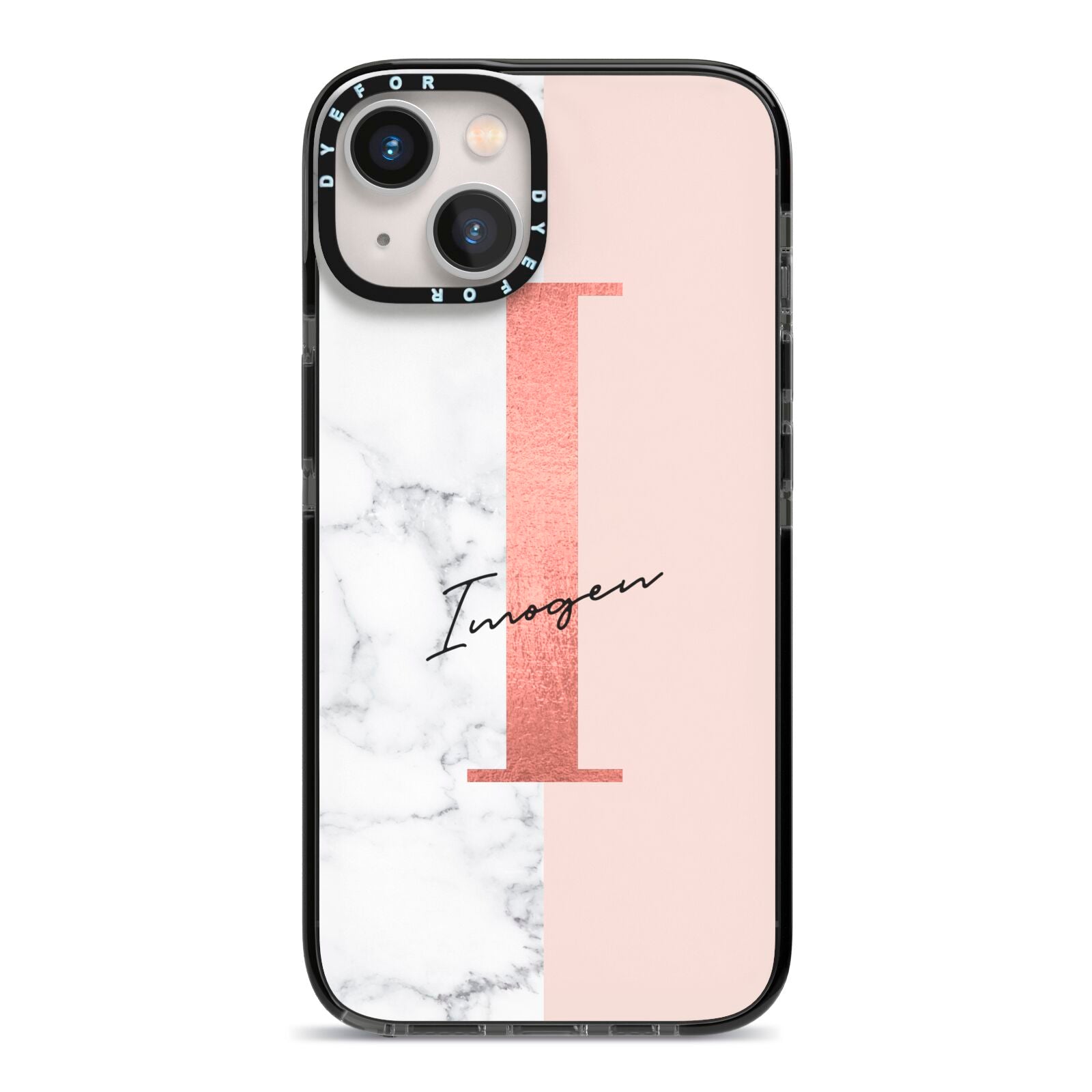 Monogrammed Rose Gold Marble iPhone 13 Black Impact Case on Silver phone