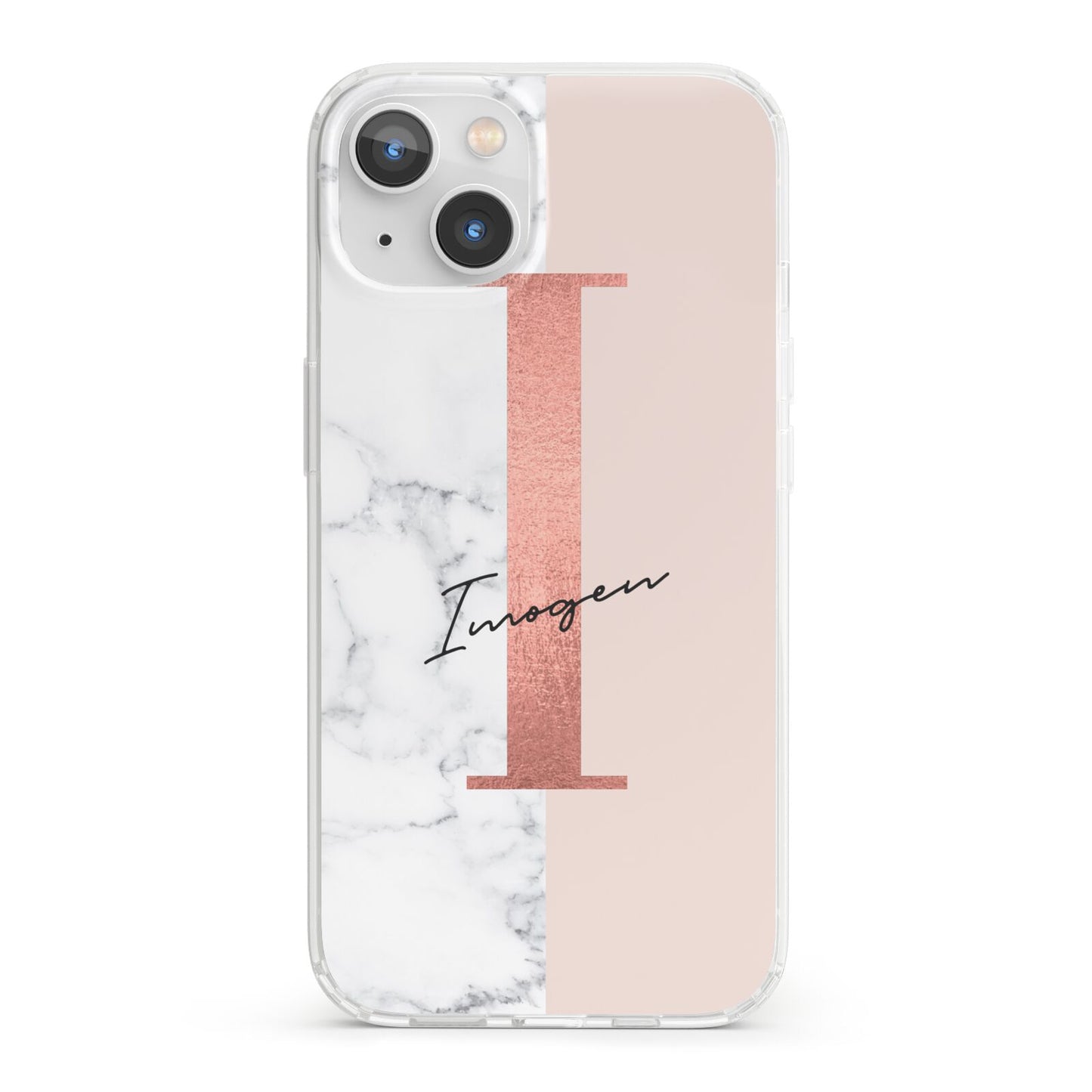 Monogrammed Rose Gold Marble iPhone 13 Clear Bumper Case
