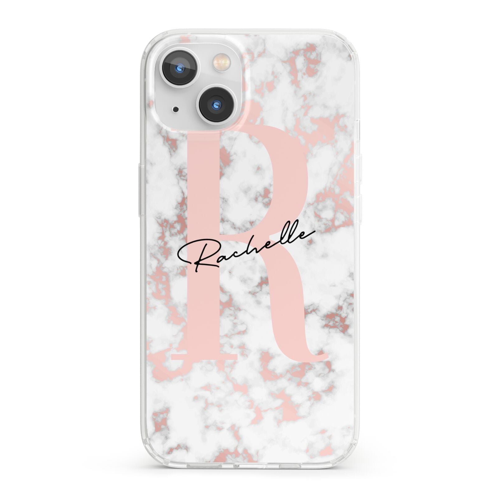 Monogrammed Rose Gold Marble iPhone 13 Clear Bumper Case
