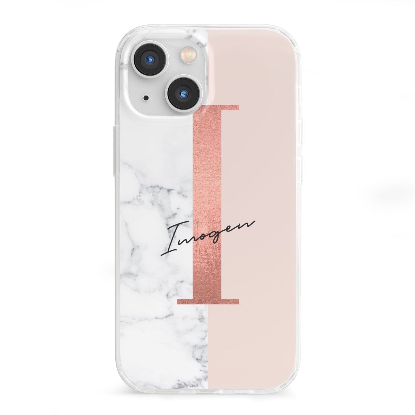 Monogrammed Rose Gold Marble iPhone 13 Mini Clear Bumper Case