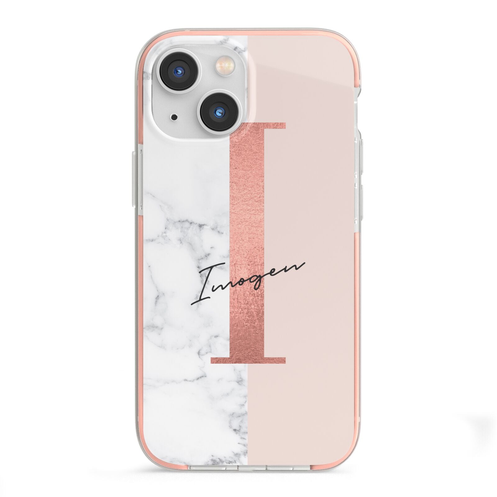 Monogrammed Rose Gold Marble iPhone 13 Mini TPU Impact Case with Pink Edges