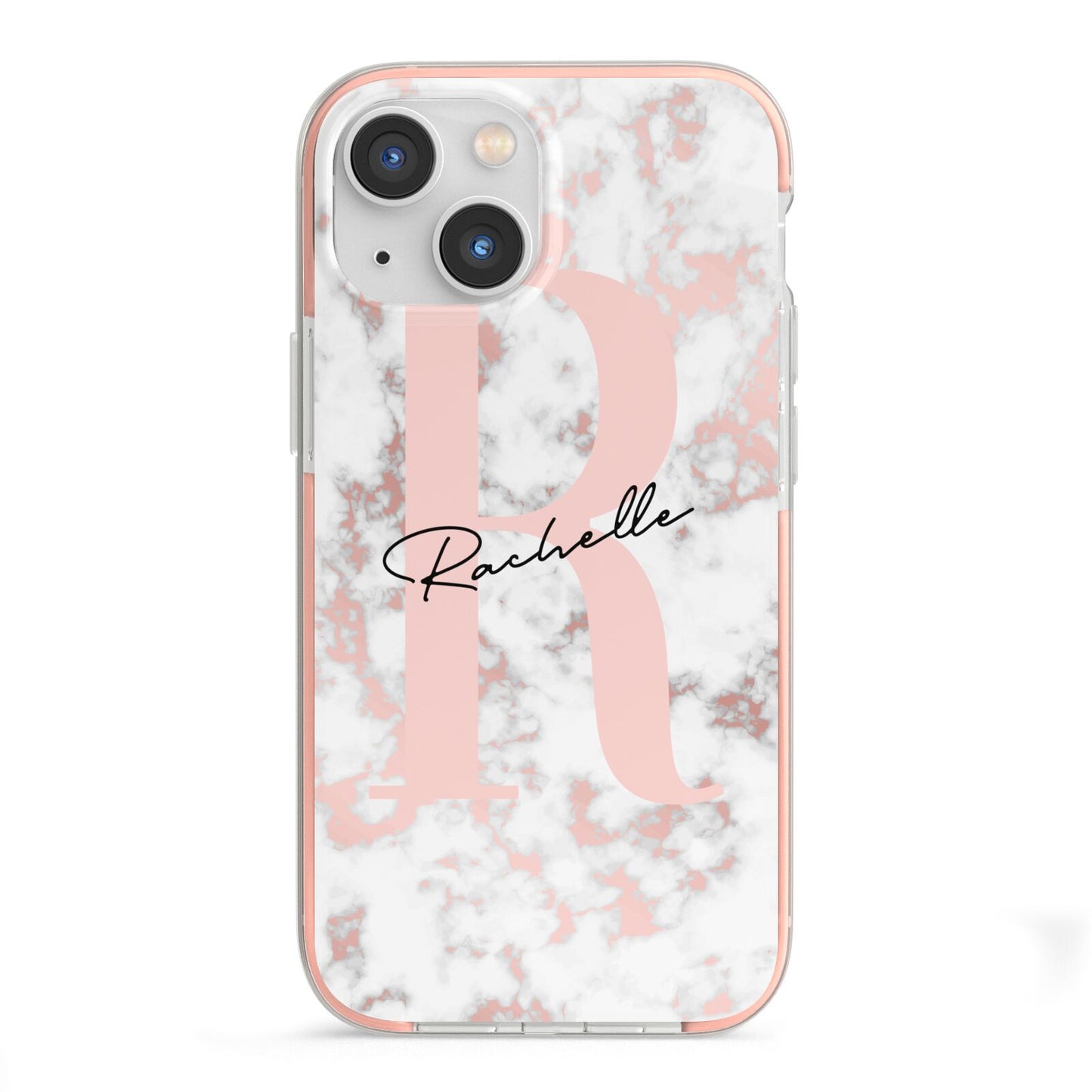 Monogrammed Rose Gold Marble iPhone 13 Mini TPU Impact Case with Pink Edges