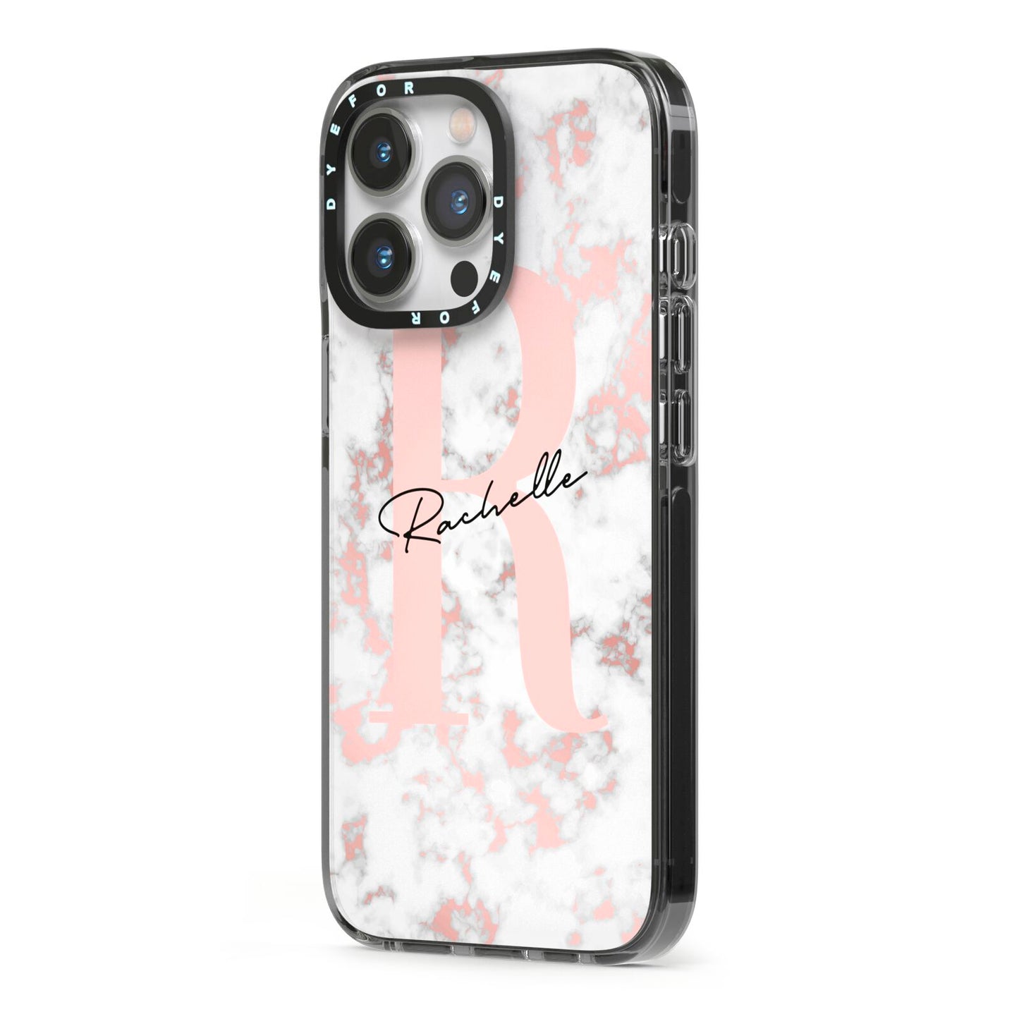 Monogrammed Rose Gold Marble iPhone 13 Pro Black Impact Case Side Angle on Silver phone