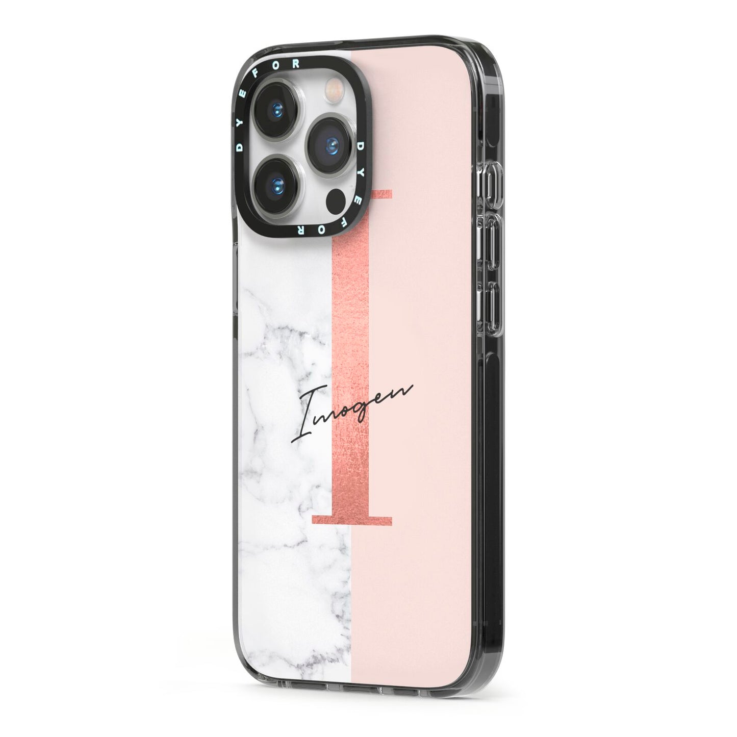 Monogrammed Rose Gold Marble iPhone 13 Pro Black Impact Case Side Angle on Silver phone
