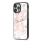 Monogrammed Rose Gold Marble iPhone 13 Pro Max Black Impact Case Side Angle on Silver phone