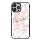 Monogrammed Rose Gold Marble iPhone 13 Pro Max Black Impact Case on Silver phone