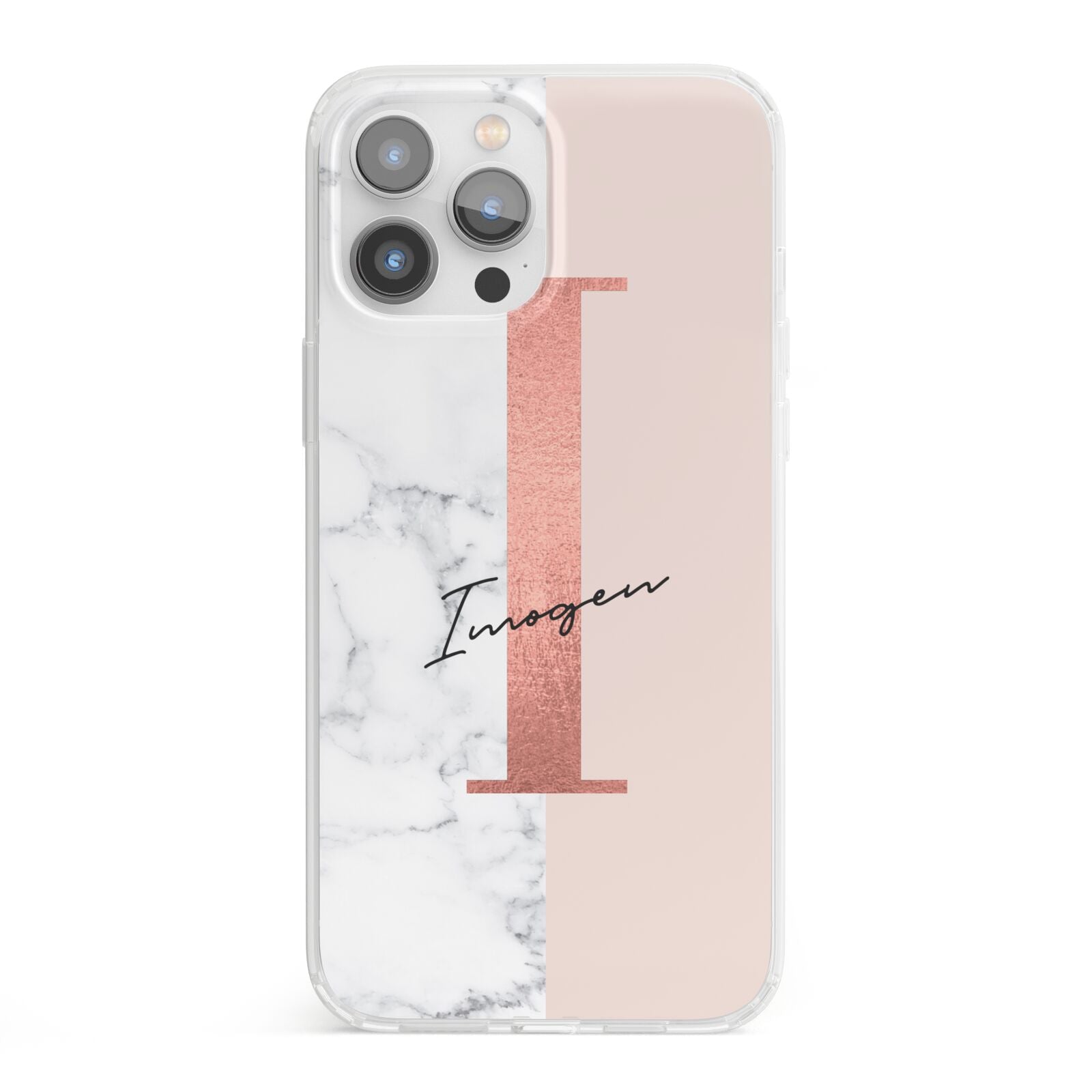 Monogrammed Rose Gold Marble iPhone 13 Pro Max Clear Bumper Case