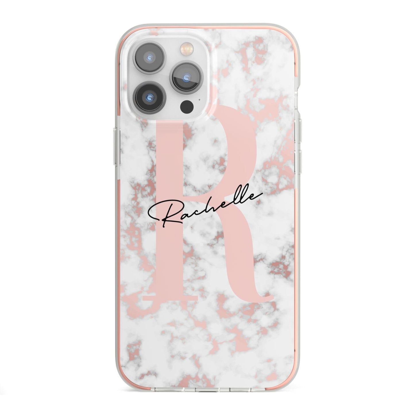 Monogrammed Rose Gold Marble iPhone 13 Pro Max TPU Impact Case with Pink Edges