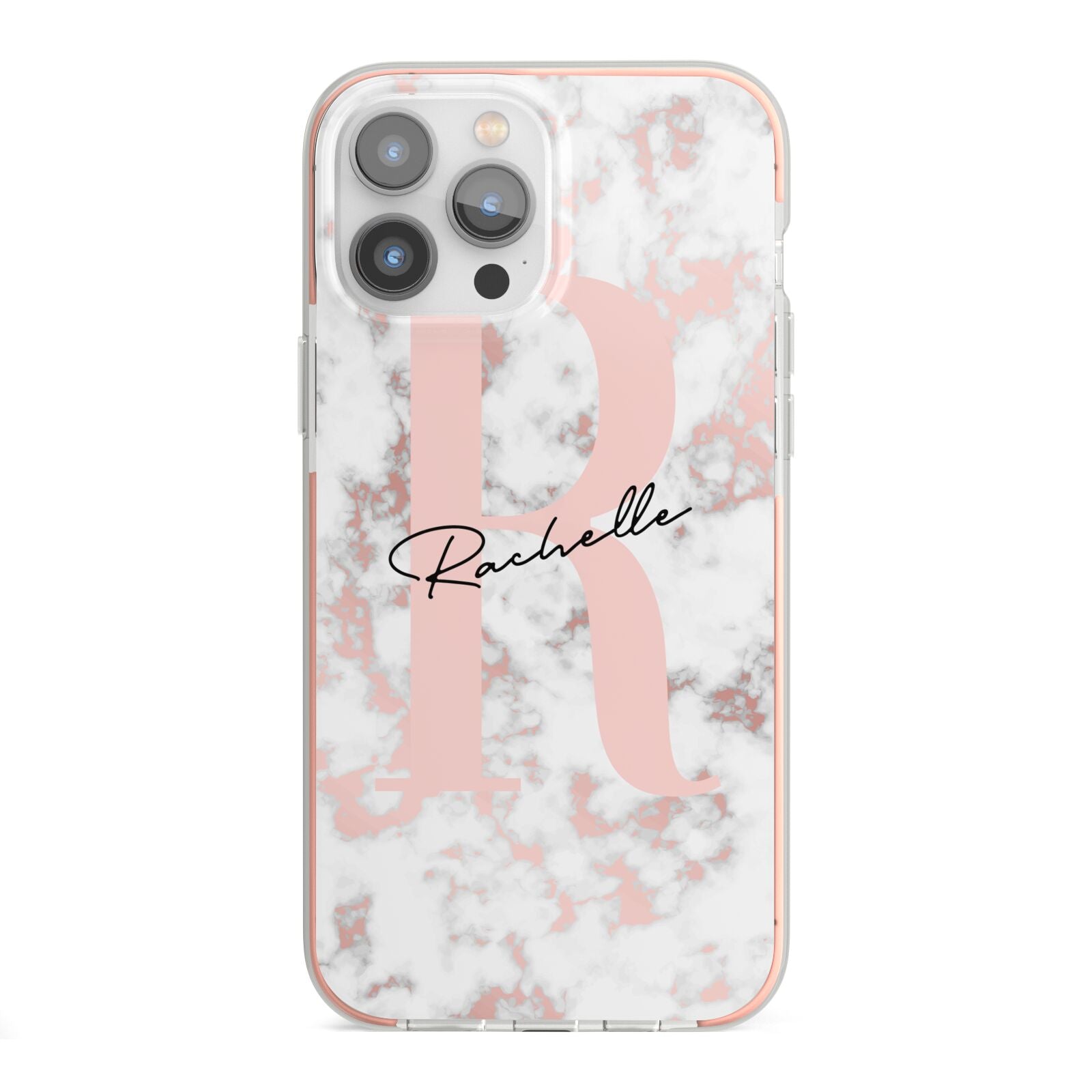 Monogrammed Rose Gold Marble iPhone 13 Pro Max TPU Impact Case with Pink Edges