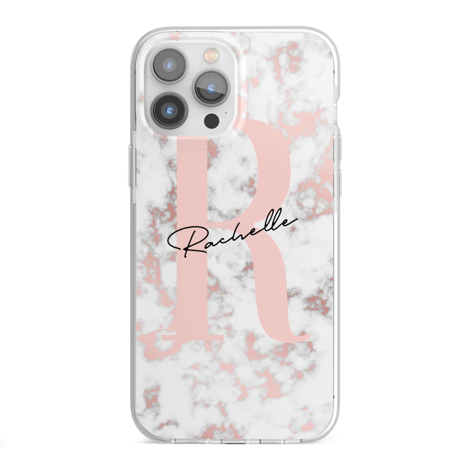 Monogrammed Rose Gold Marble iPhone 13 Pro Max TPU Impact Case with White Edges