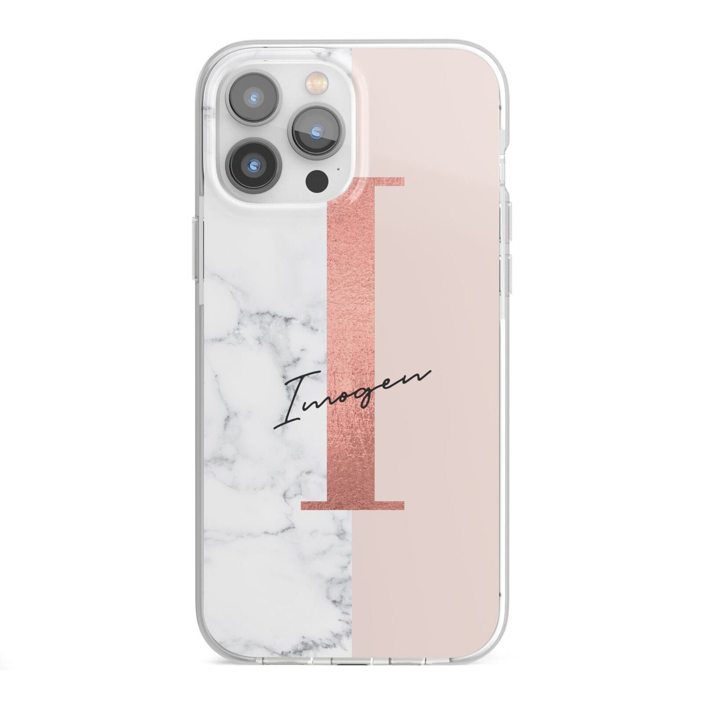 Monogrammed Rose Gold Marble iPhone 13 Pro Max TPU Impact Case with White Edges
