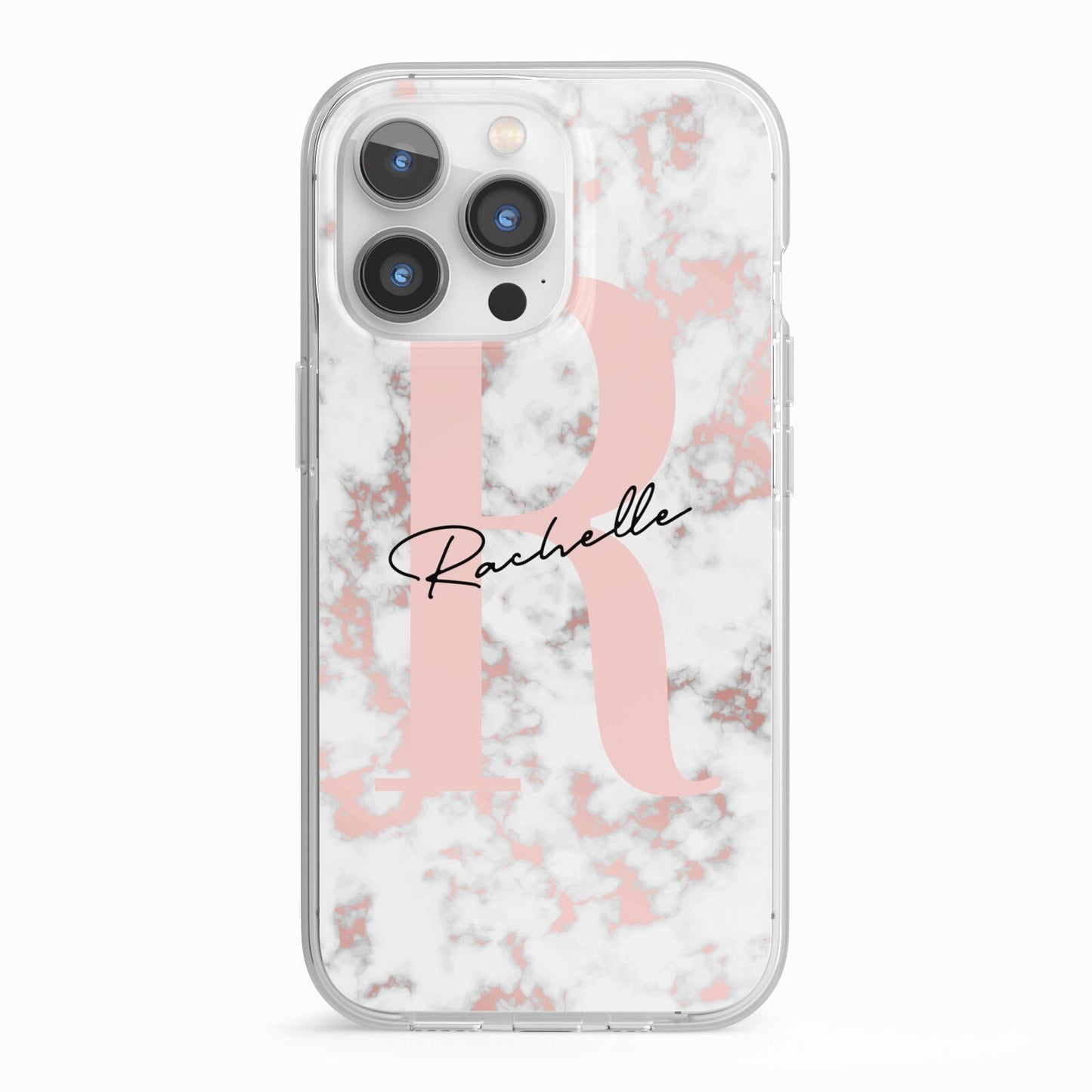 Monogrammed Rose Gold Marble iPhone 13 Pro TPU Impact Case with White Edges
