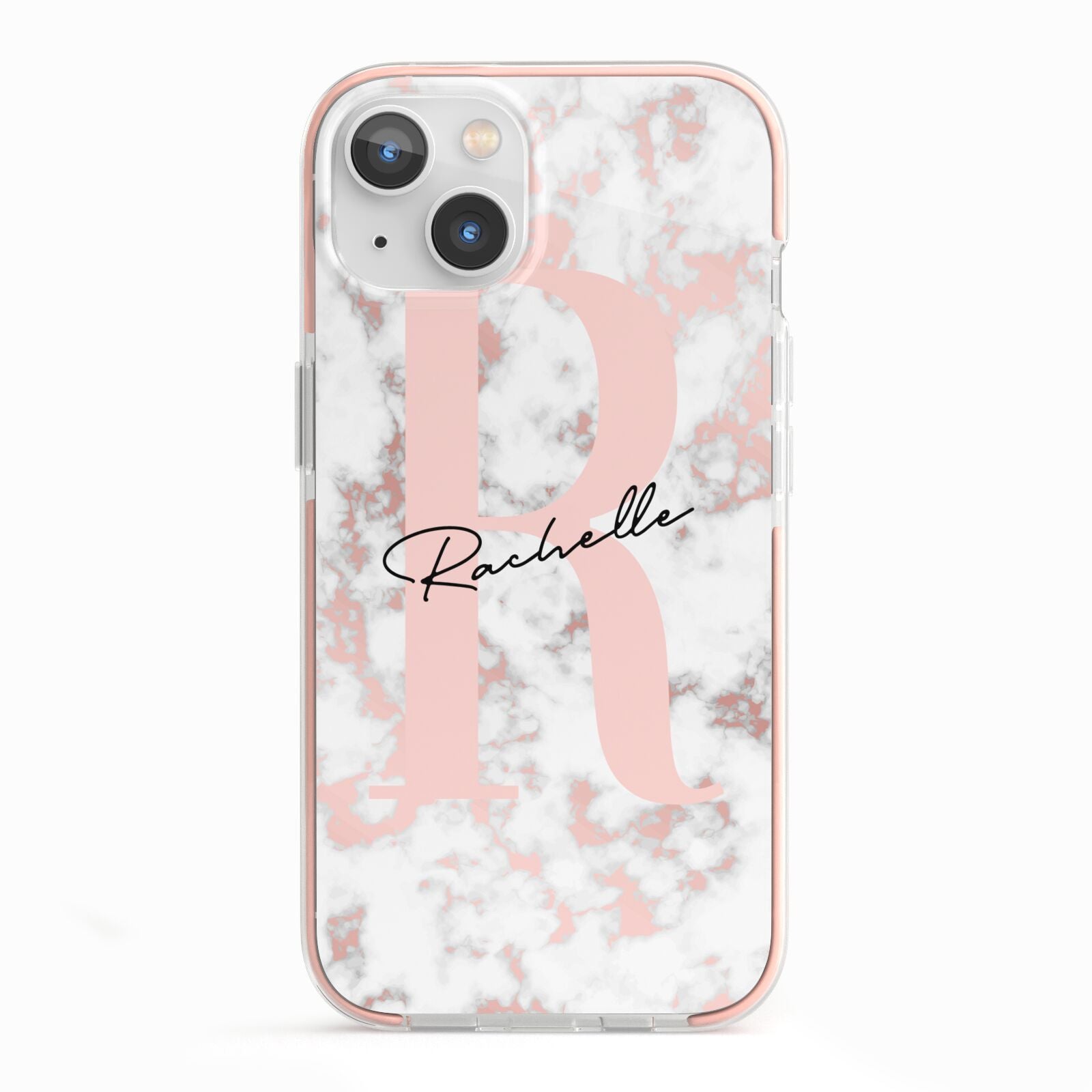 Monogrammed Rose Gold Marble iPhone 13 TPU Impact Case with Pink Edges