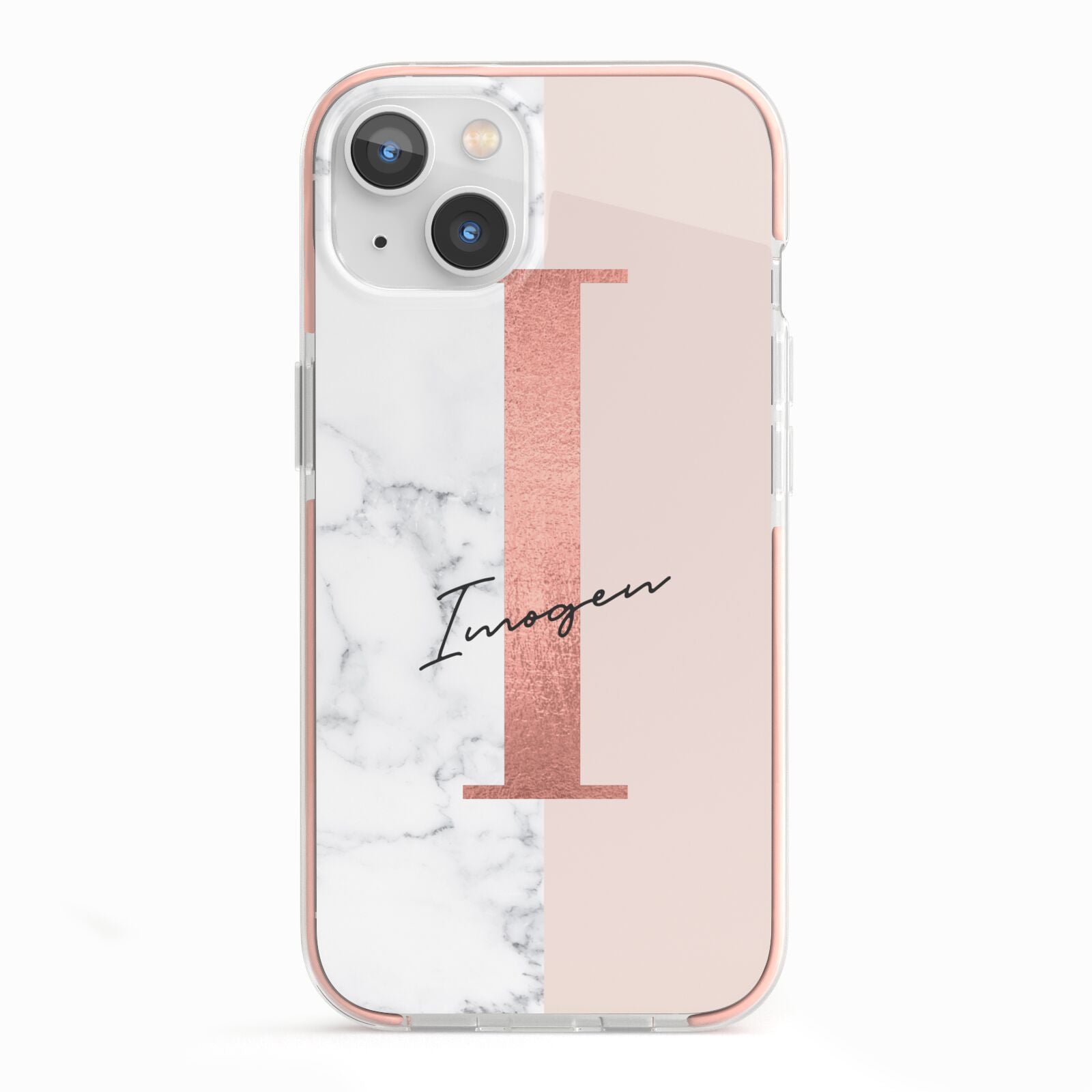 Monogrammed Rose Gold Marble iPhone 13 TPU Impact Case with Pink Edges