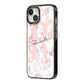 Monogrammed Rose Gold Marble iPhone 14 Black Impact Case Side Angle on Silver phone