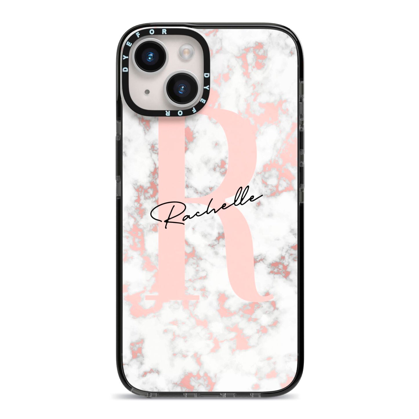 Monogrammed Rose Gold Marble iPhone 14 Black Impact Case on Silver phone