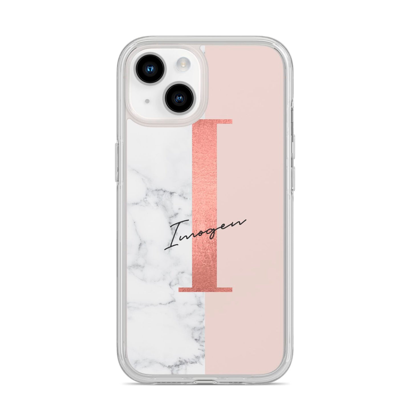 Monogrammed Rose Gold Marble iPhone 14 Clear Tough Case Starlight