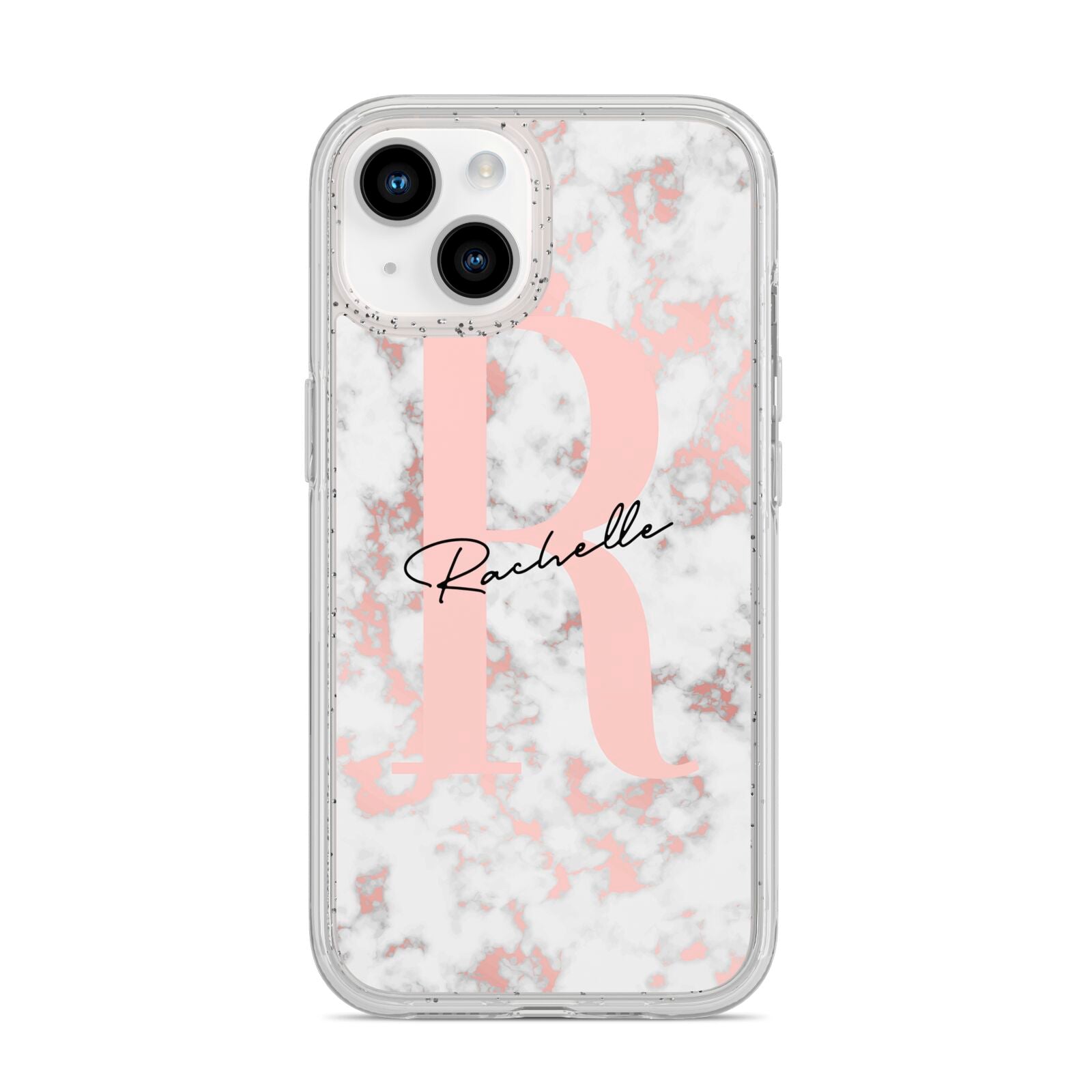 Monogrammed Rose Gold Marble iPhone 14 Glitter Tough Case Starlight