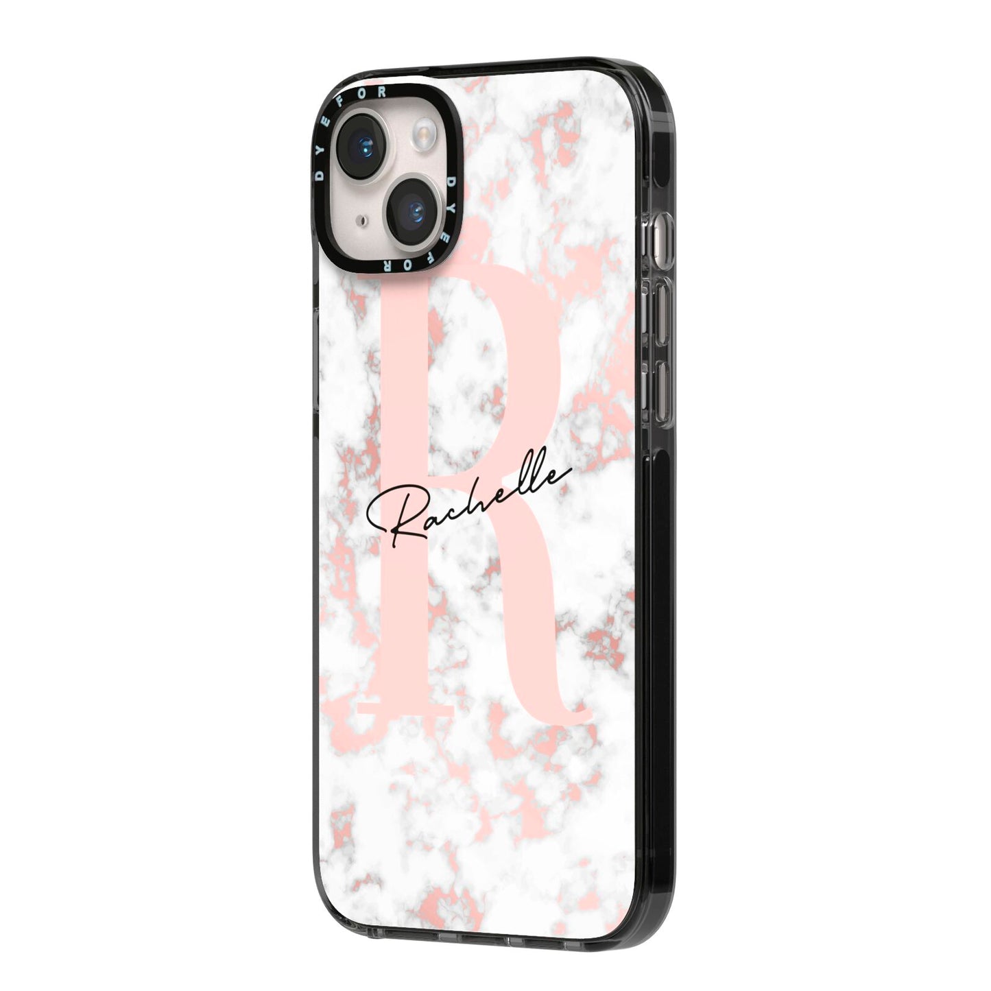 Monogrammed Rose Gold Marble iPhone 14 Plus Black Impact Case Side Angle on Silver phone